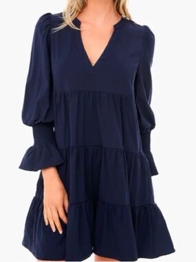Pomander Place Crepe Kenzo Dress Navy Blue XL Tiered Long Sleeve Tuckernuck